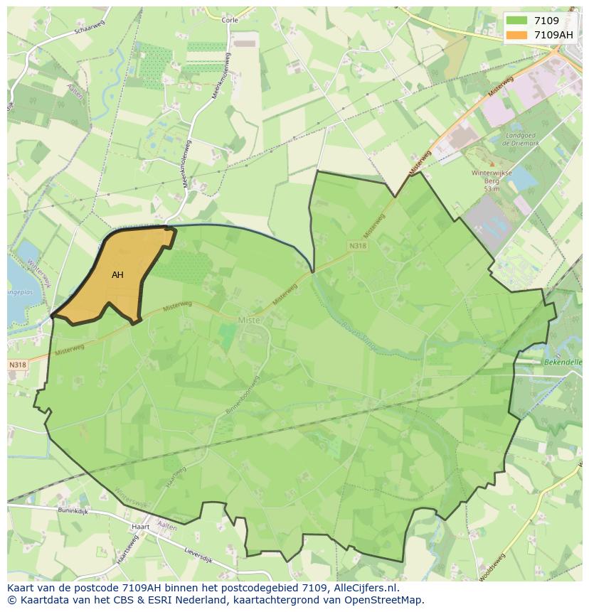 Afbeelding van het postcodegebied 7109 AH op de kaart.