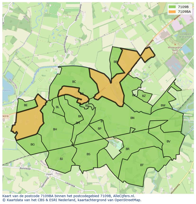 Afbeelding van het postcodegebied 7109 BA op de kaart.