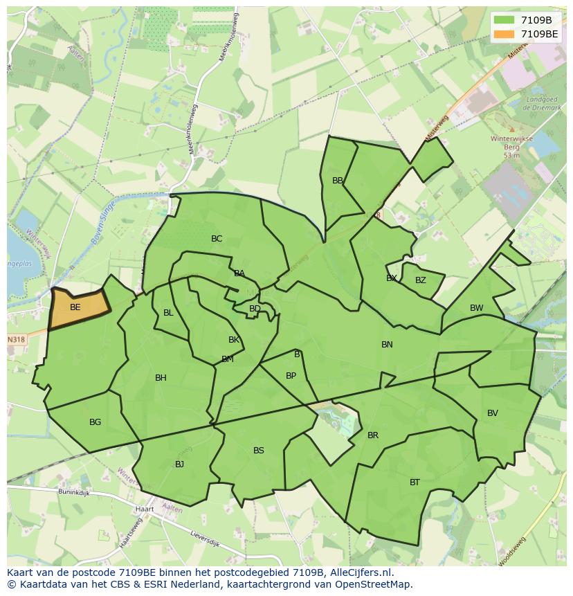 Afbeelding van het postcodegebied 7109 BE op de kaart.
