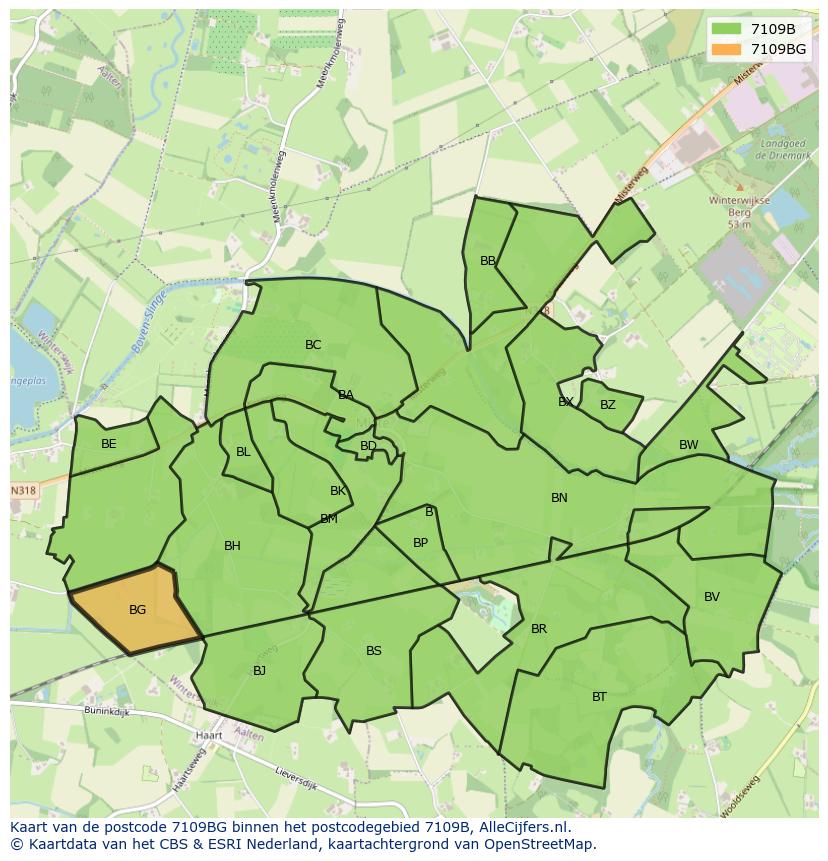 Afbeelding van het postcodegebied 7109 BG op de kaart.
