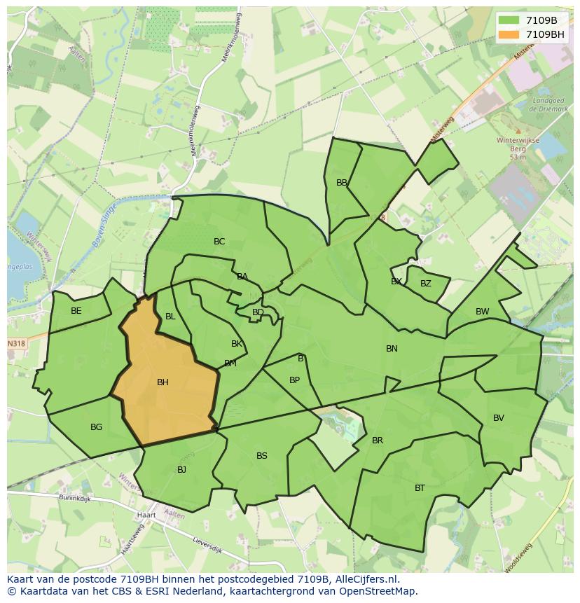 Afbeelding van het postcodegebied 7109 BH op de kaart.
