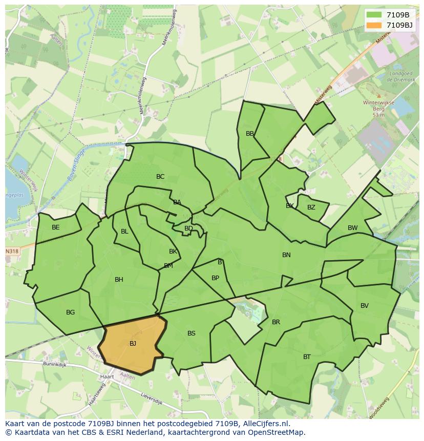 Afbeelding van het postcodegebied 7109 BJ op de kaart.