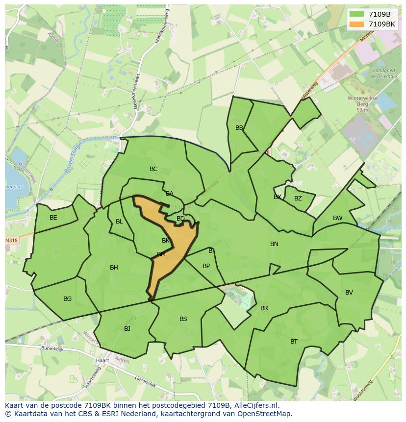 Afbeelding van het postcodegebied 7109 BK op de kaart.