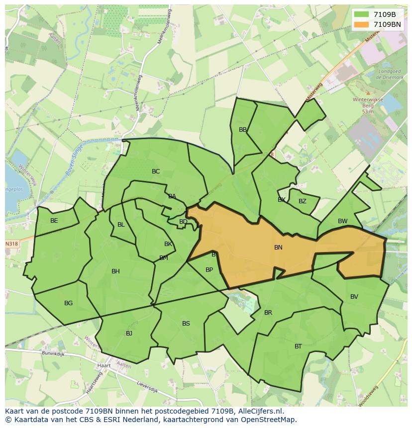 Afbeelding van het postcodegebied 7109 BN op de kaart.