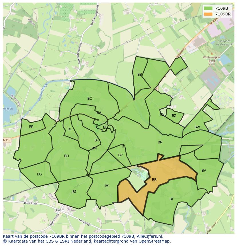 Afbeelding van het postcodegebied 7109 BR op de kaart.