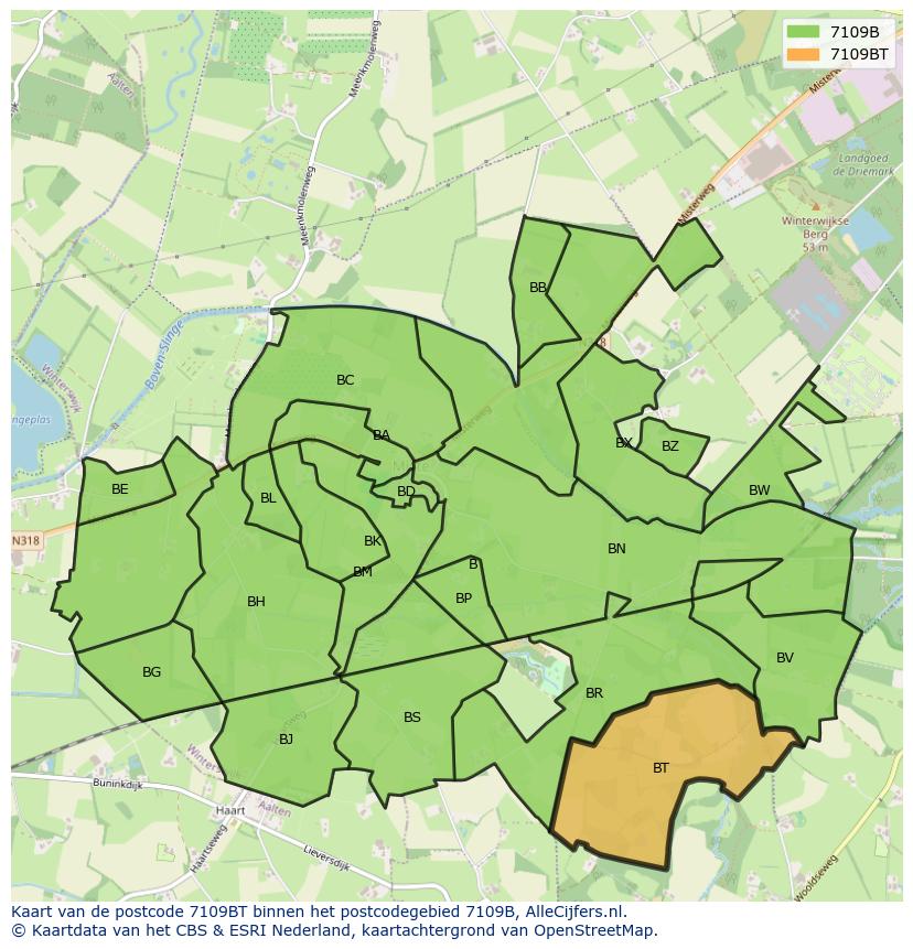 Afbeelding van het postcodegebied 7109 BT op de kaart.