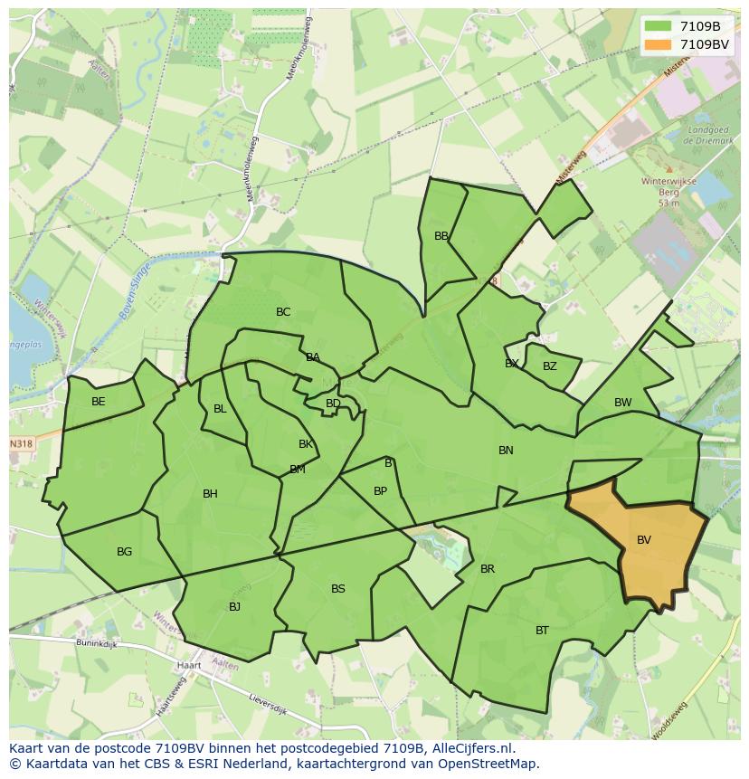 Afbeelding van het postcodegebied 7109 BV op de kaart.