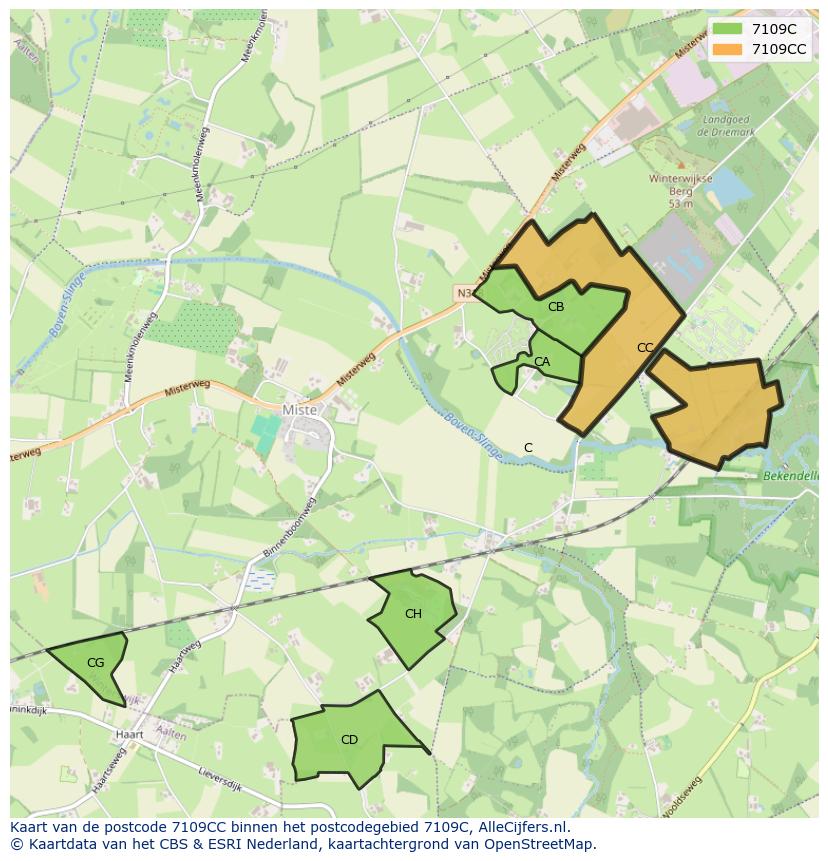 Afbeelding van het postcodegebied 7109 CC op de kaart.