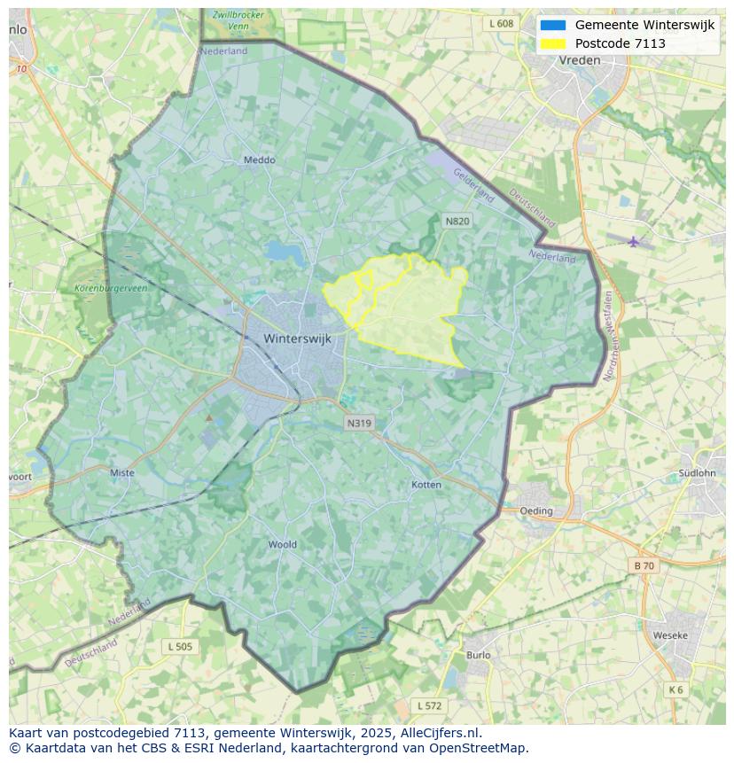 Afbeelding van het postcodegebied 7113 op de kaart.