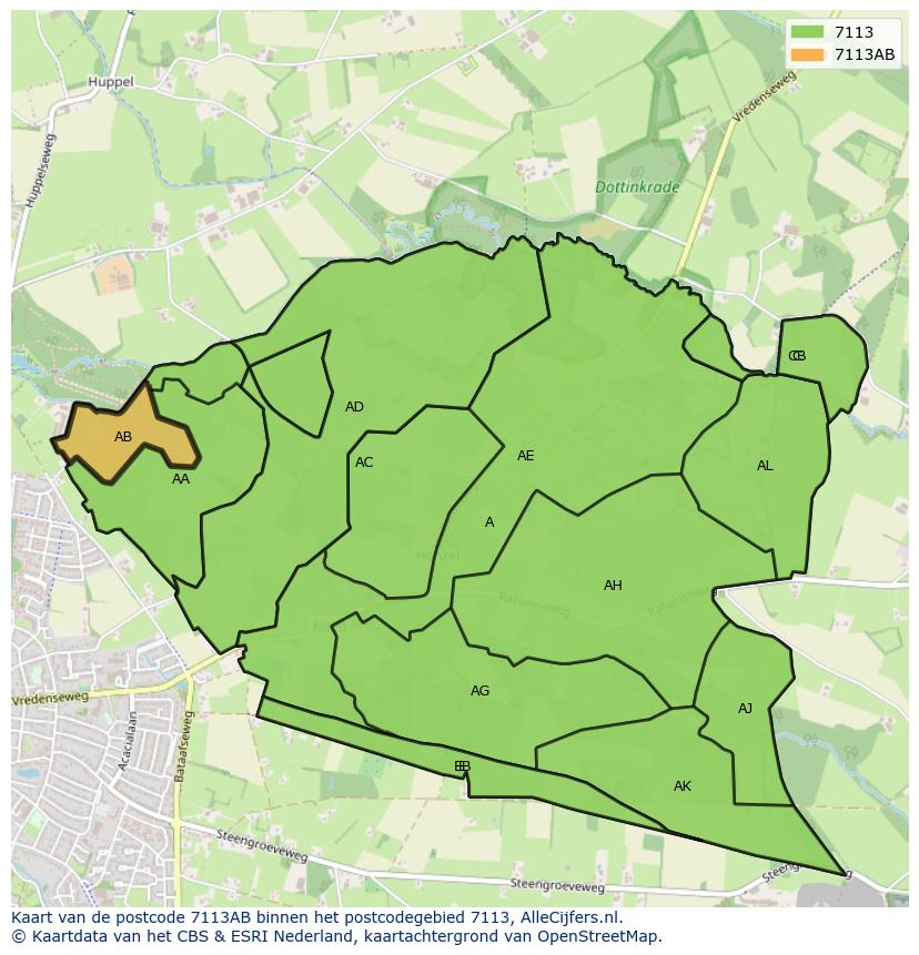 Afbeelding van het postcodegebied 7113 AB op de kaart.