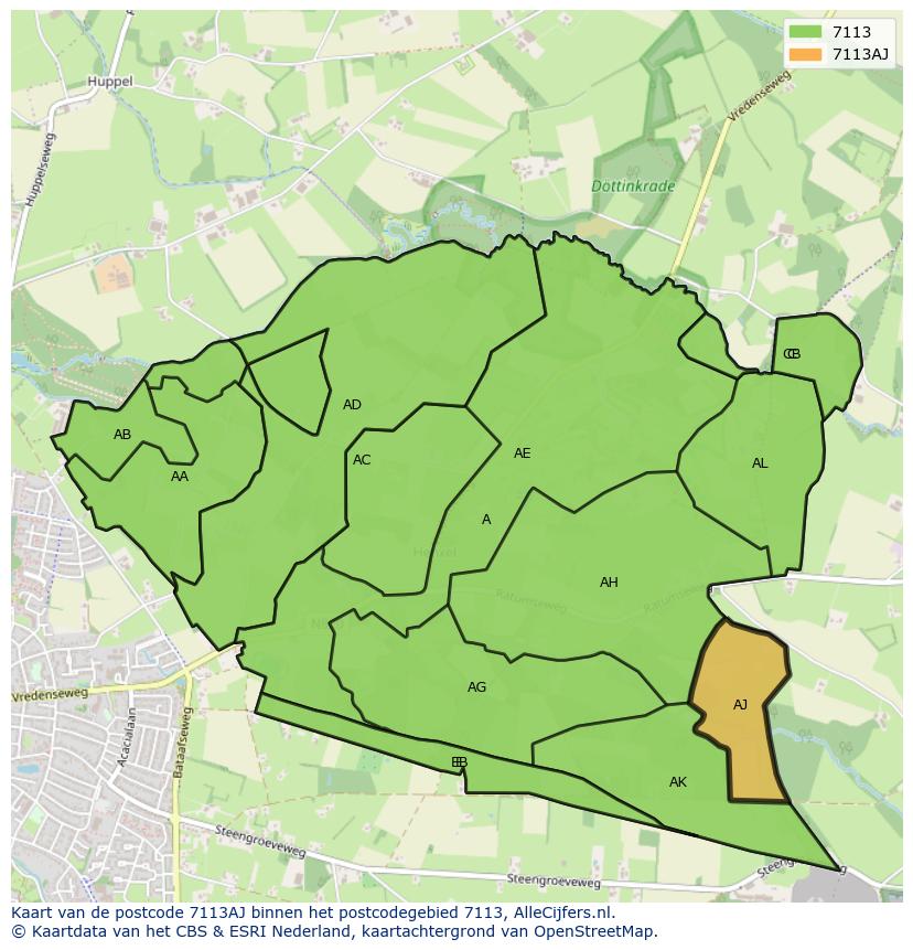 Afbeelding van het postcodegebied 7113 AJ op de kaart.