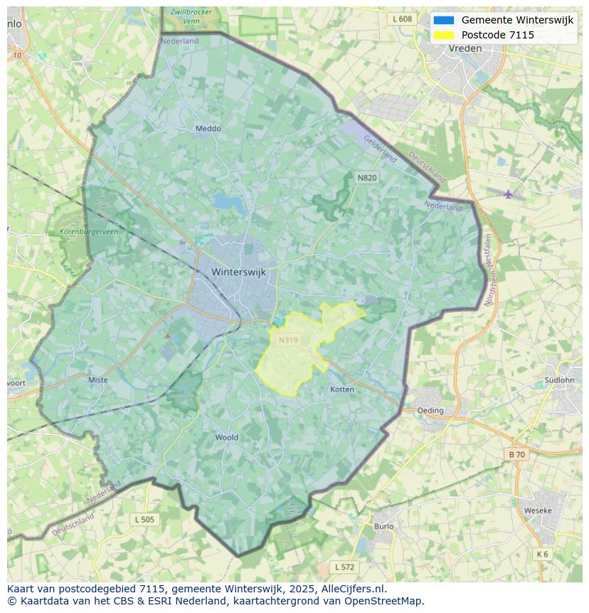 Afbeelding van het postcodegebied 7115 op de kaart.