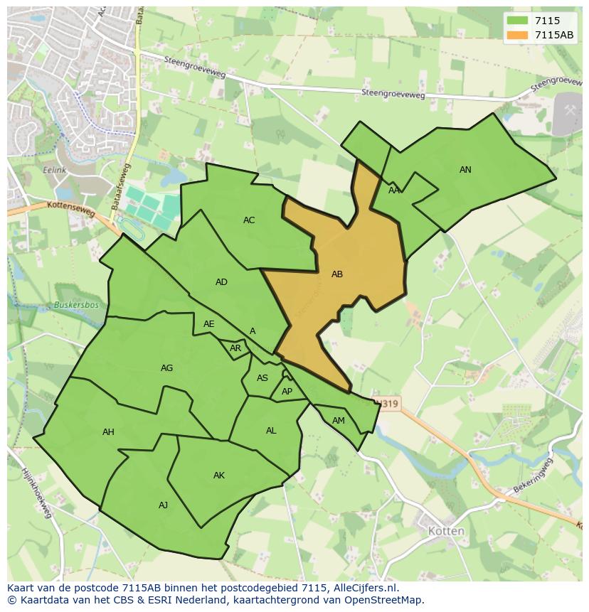 Afbeelding van het postcodegebied 7115 AB op de kaart.