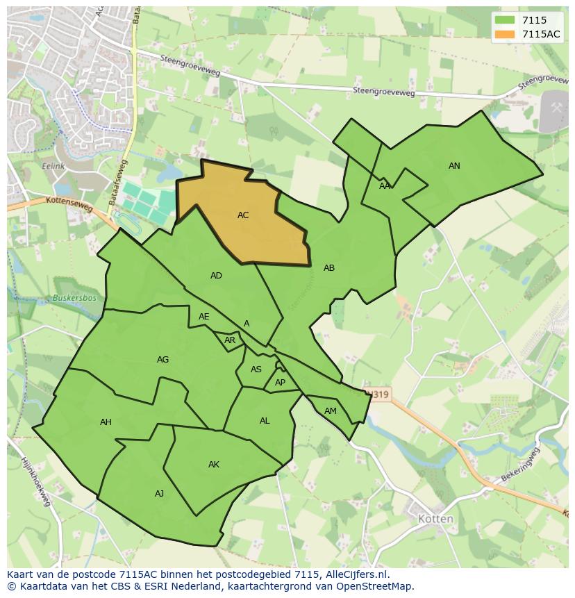 Afbeelding van het postcodegebied 7115 AC op de kaart.