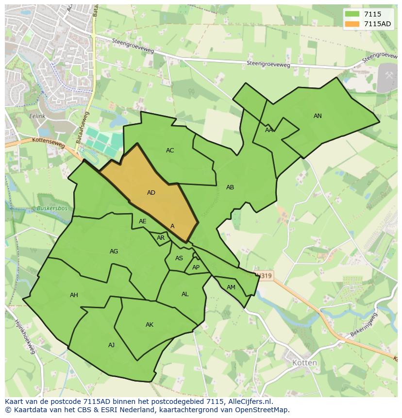Afbeelding van het postcodegebied 7115 AD op de kaart.