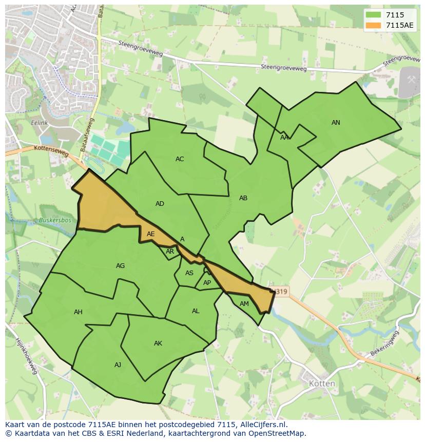 Afbeelding van het postcodegebied 7115 AE op de kaart.