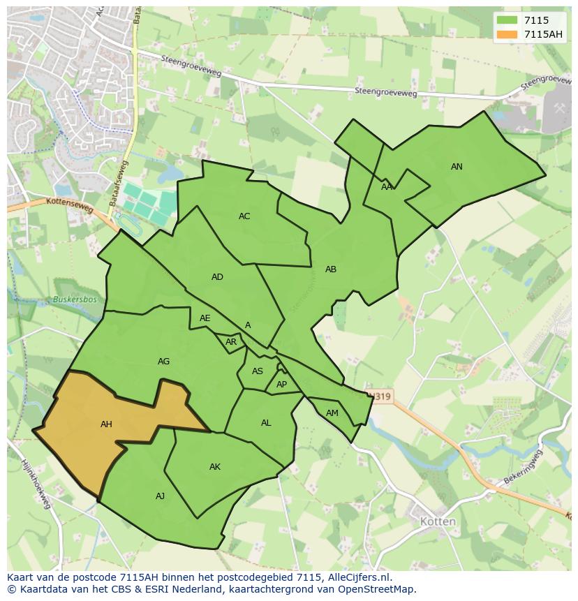 Afbeelding van het postcodegebied 7115 AH op de kaart.