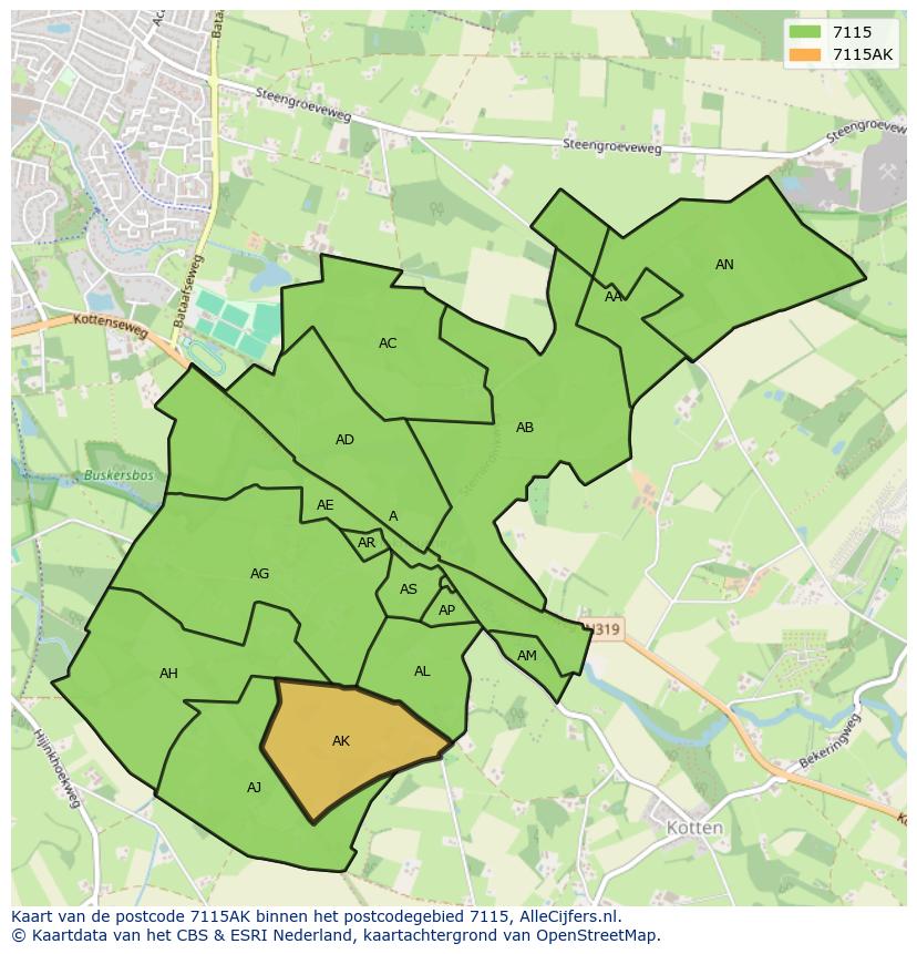 Afbeelding van het postcodegebied 7115 AK op de kaart.