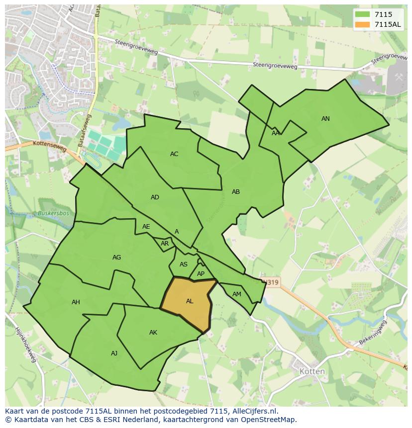 Afbeelding van het postcodegebied 7115 AL op de kaart.