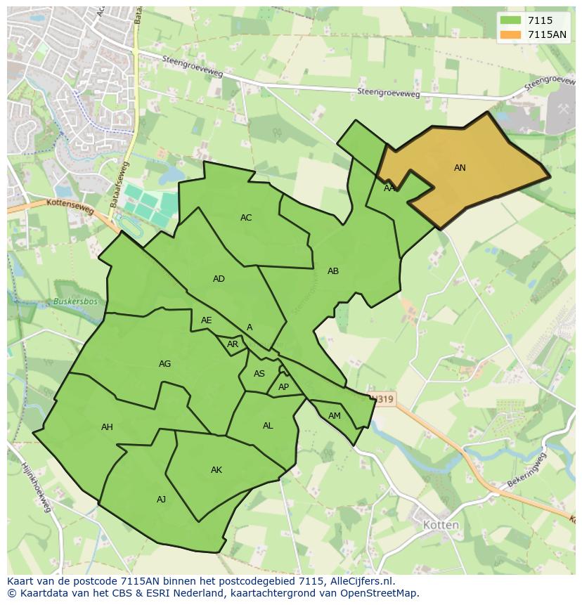Afbeelding van het postcodegebied 7115 AN op de kaart.