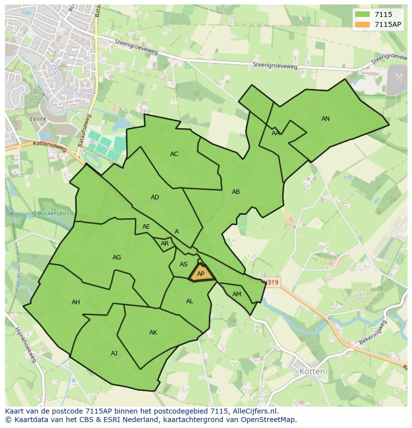 Afbeelding van het postcodegebied 7115 AP op de kaart.