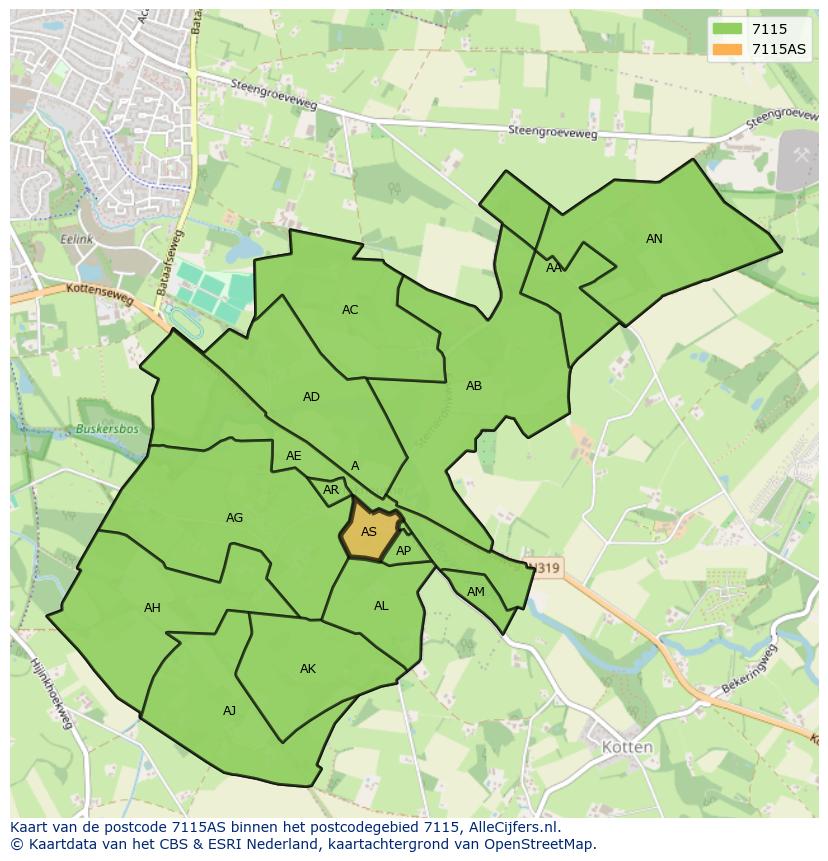Afbeelding van het postcodegebied 7115 AS op de kaart.