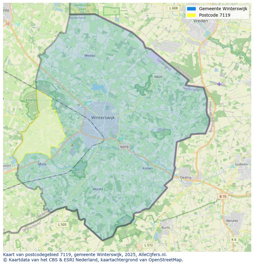 Afbeelding van het postcodegebied 7119 op de kaart.