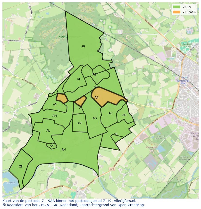 Afbeelding van het postcodegebied 7119 AA op de kaart.