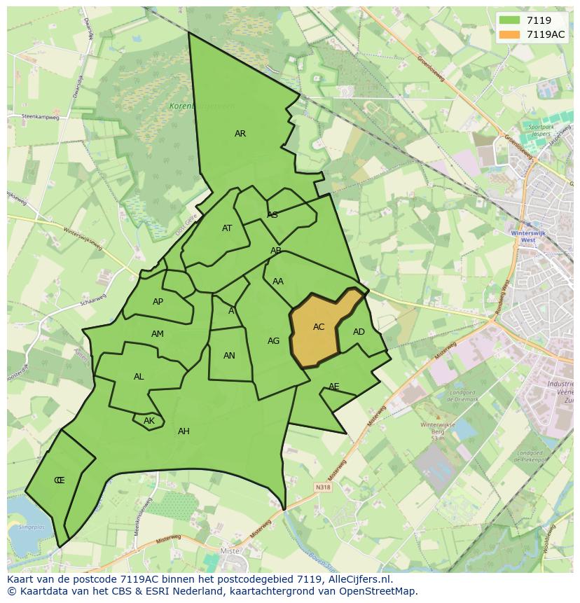 Afbeelding van het postcodegebied 7119 AC op de kaart.