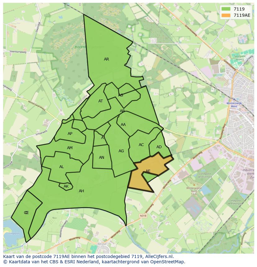 Afbeelding van het postcodegebied 7119 AE op de kaart.