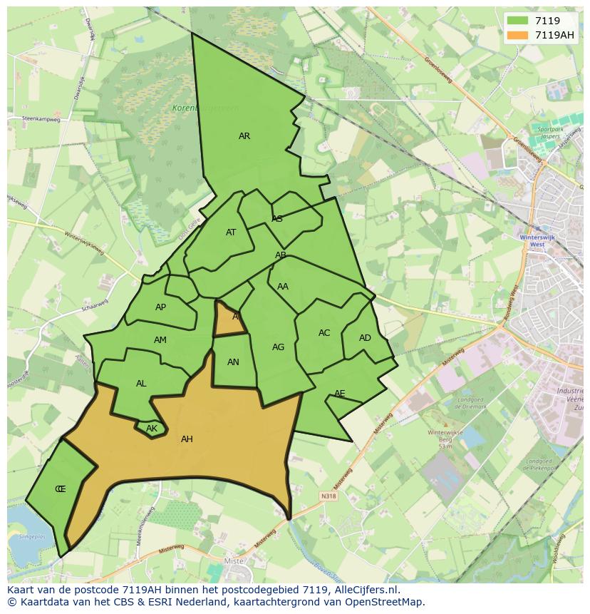 Afbeelding van het postcodegebied 7119 AH op de kaart.