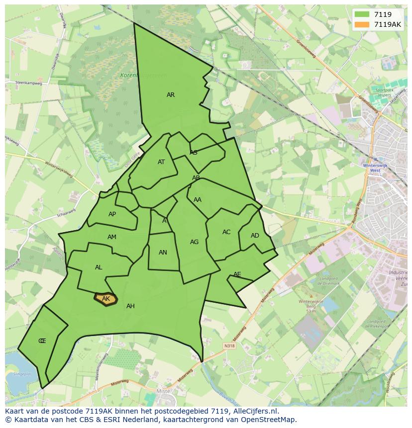 Afbeelding van het postcodegebied 7119 AK op de kaart.