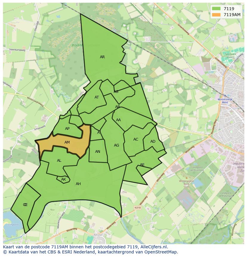 Afbeelding van het postcodegebied 7119 AM op de kaart.