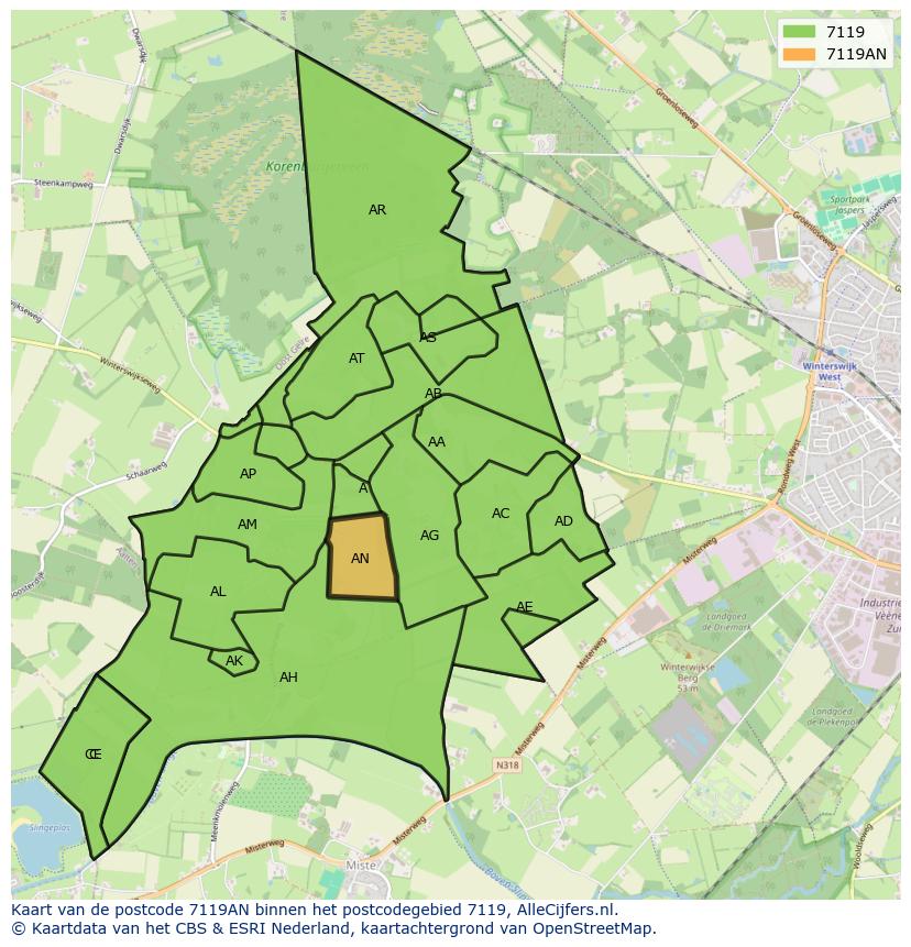 Afbeelding van het postcodegebied 7119 AN op de kaart.