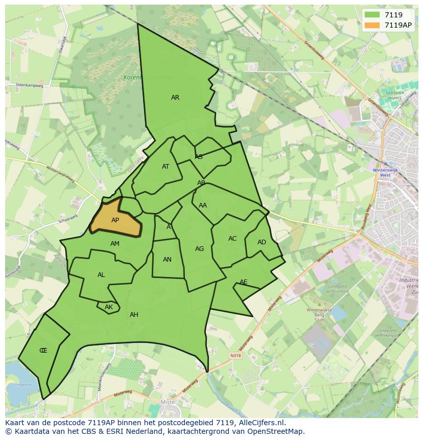 Afbeelding van het postcodegebied 7119 AP op de kaart.