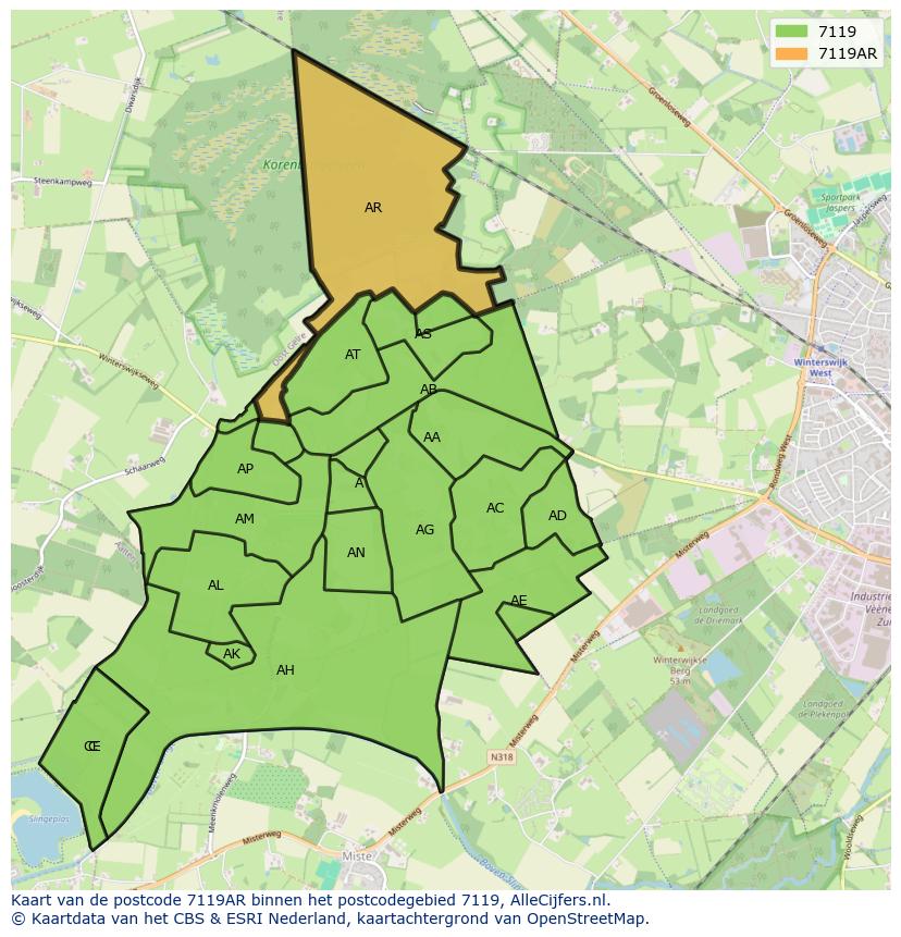 Afbeelding van het postcodegebied 7119 AR op de kaart.