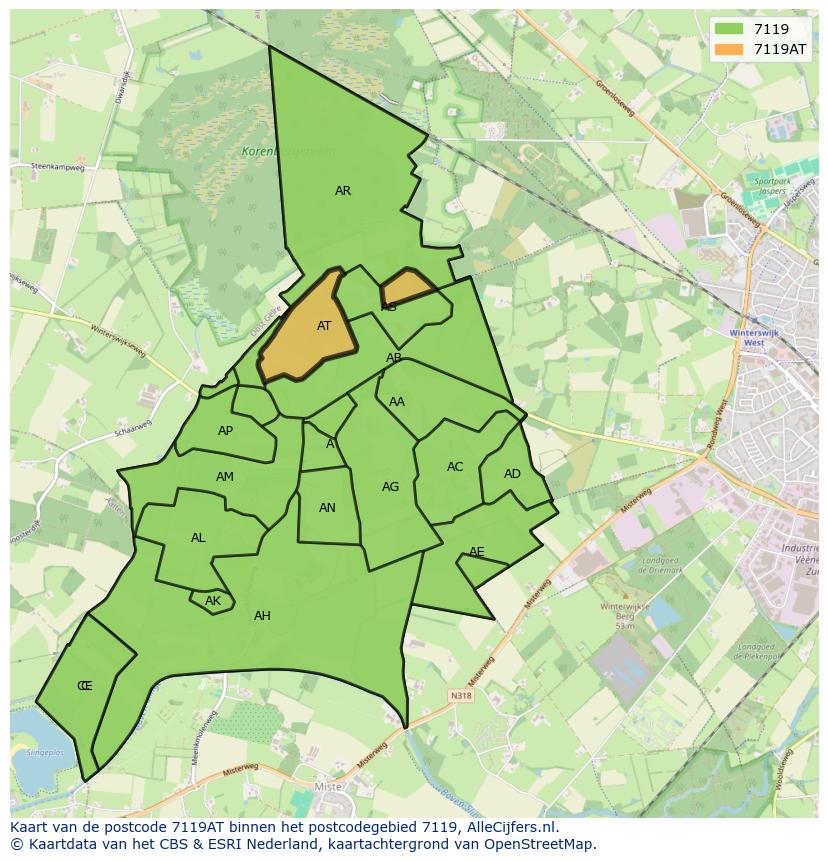 Afbeelding van het postcodegebied 7119 AT op de kaart.