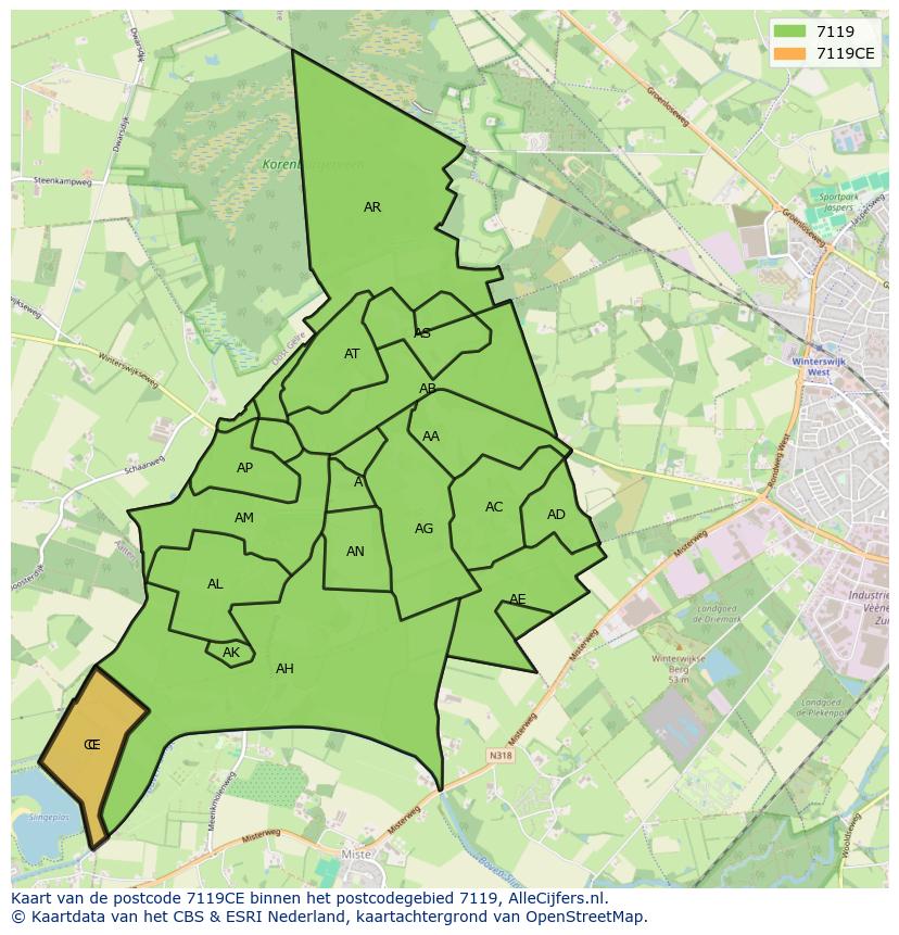 Afbeelding van het postcodegebied 7119 CE op de kaart.