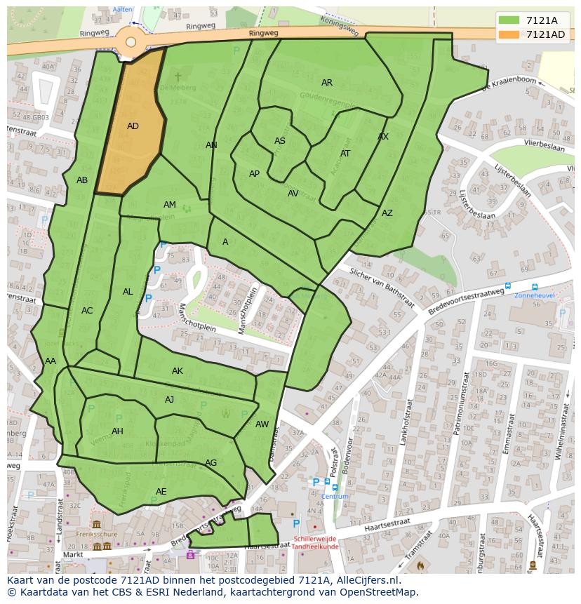 Afbeelding van het postcodegebied 7121 AD op de kaart.