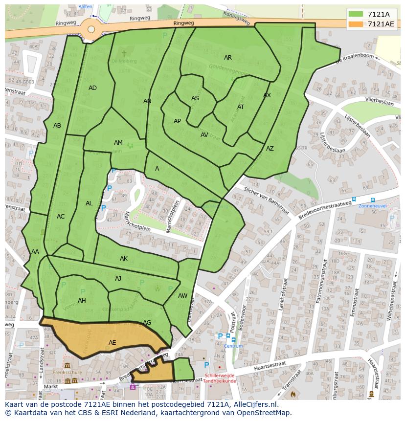 Afbeelding van het postcodegebied 7121 AE op de kaart.