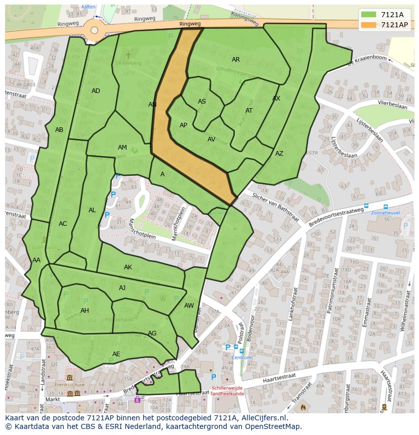 Afbeelding van het postcodegebied 7121 AP op de kaart.