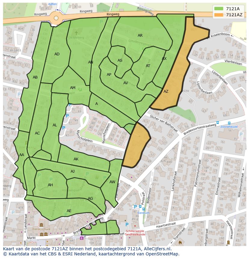 Afbeelding van het postcodegebied 7121 AZ op de kaart.