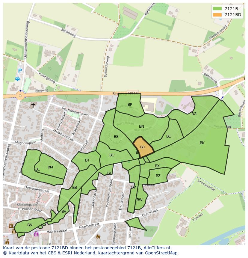 Afbeelding van het postcodegebied 7121 BD op de kaart.