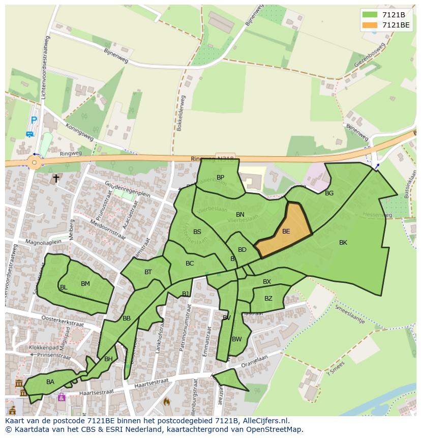 Afbeelding van het postcodegebied 7121 BE op de kaart.