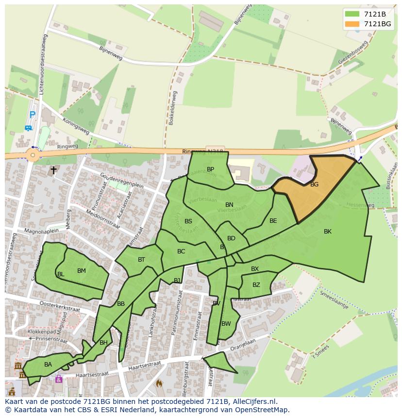 Afbeelding van het postcodegebied 7121 BG op de kaart.