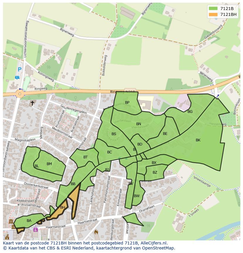 Afbeelding van het postcodegebied 7121 BH op de kaart.