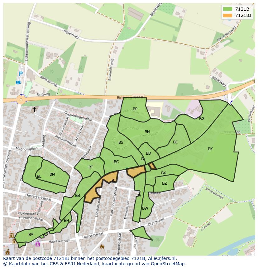 Afbeelding van het postcodegebied 7121 BJ op de kaart.