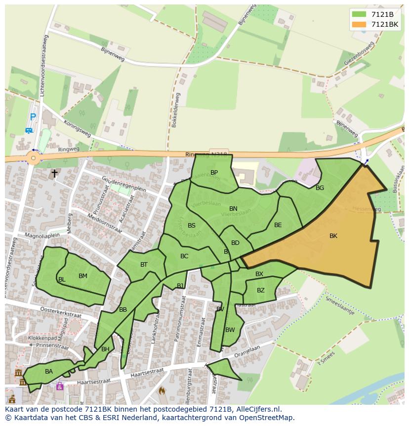 Afbeelding van het postcodegebied 7121 BK op de kaart.