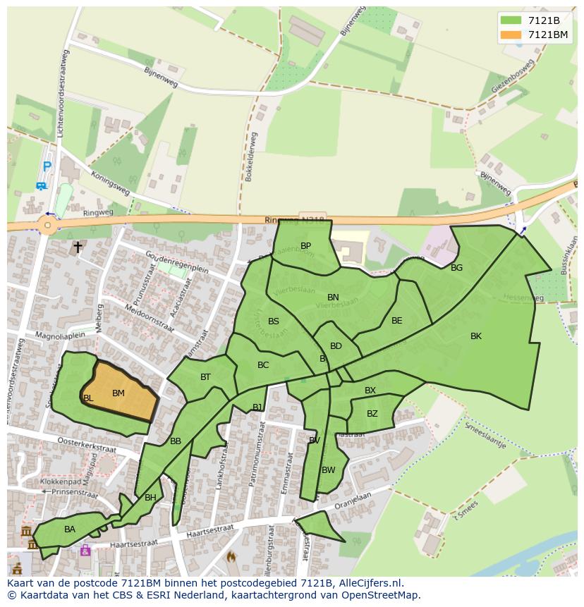 Afbeelding van het postcodegebied 7121 BM op de kaart.
