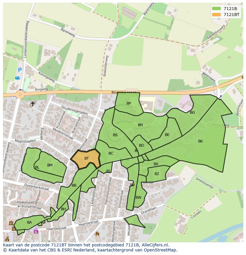 Afbeelding van het postcodegebied 7121 BT op de kaart.